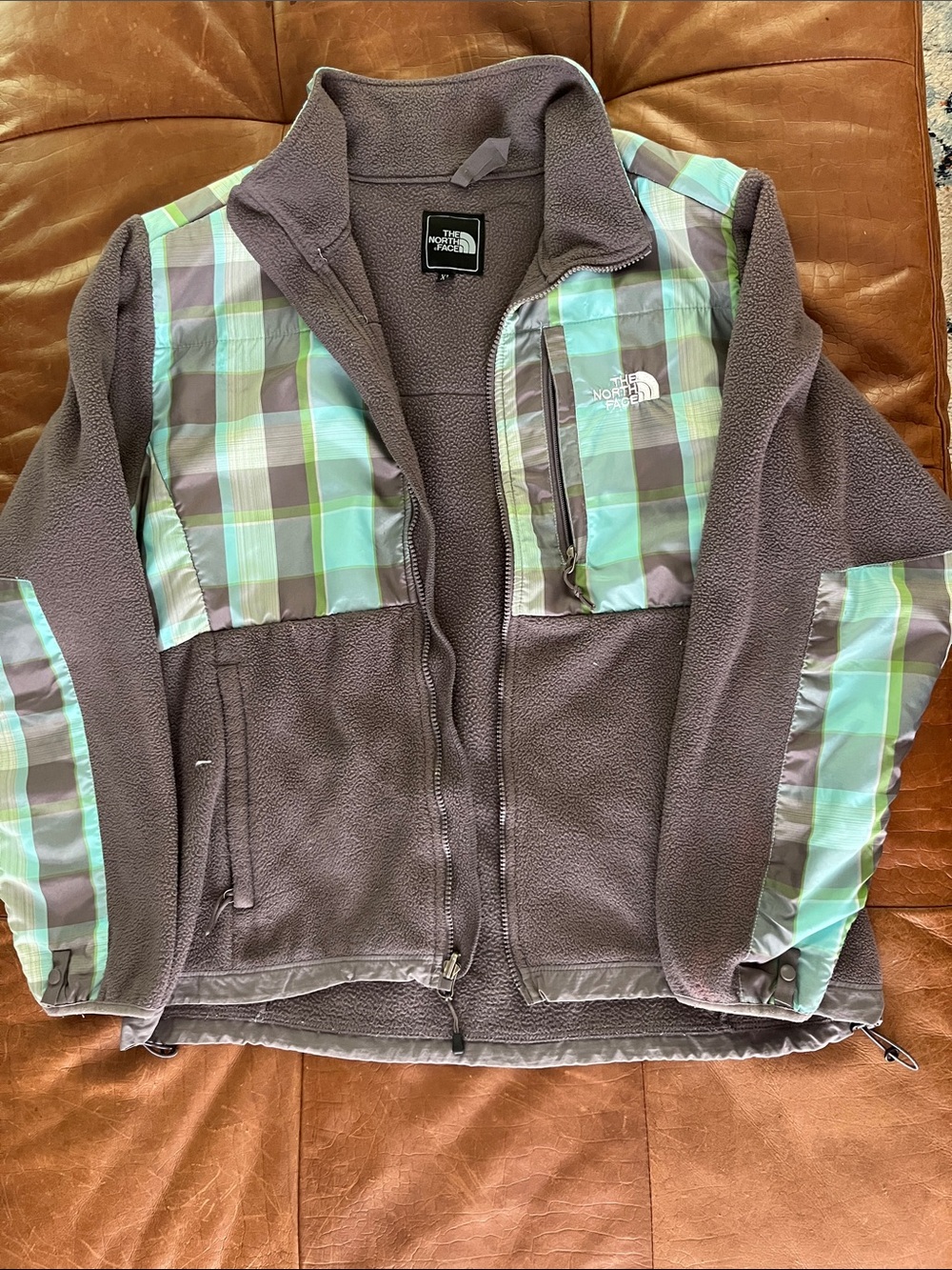 The North Face Brown Fleece Jacket with Mint Plaid Accents